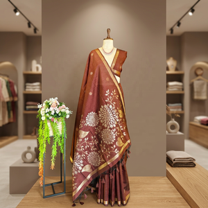 Sari en soie marron avec tissage floral, tenue traditionnelle pour femmes, pour les occasions de mariage, style Inde-Pakistan - Product Image 3