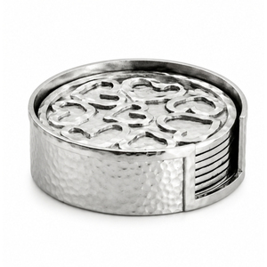 Hammered Stainless Steel Metal <b>Coasters</b> Set with Decorative Trellis Holder <b>Silver</b> Gold Drink <b>Coasters</b> Round Tabletop Cup Mats - Product Image 5