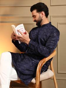 Kurta Tradicional de Seda Azul Medianoche para Hombre, con Bordado de Lentejuelas en Toda la Superficie, Corte Regular, para Fiestas, Venta al Por Mayor, Estilo Indio - Product Image 6