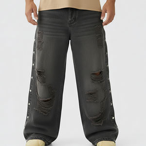 Pantalones Vaqueros de Mezclilla de Alta Calidad Hechos a Medida, Estilo Streetwear, con Paneles Laterales con Botones, Desgarrados, Holgados, de Pierna Recta, Lavados con Piedras, Estilo Hip Hop - Product Image 4