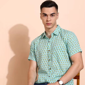 Mens Mint Cotton Cambric Handblock Printed Regular Fit Shirt Designed For International Casual Summer Wear With Shirt Collar - Product Image 1
