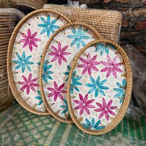 NEHA ENTERPRISES Natural Woven Rattan Serving Tray Shell Inlay Decorative Design Handmade Multi-Functional Bohemian Dining <b>Table</b> - Product Image 1