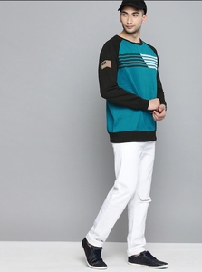 เสื้อสเวตเชิ้ตแขนยาวสีเขียวอมฟ้าและสีดำสำหรับผู้ชาย คอกลม ลายทาง พิมพ์ลายลำลอง ทรงปกติ ผ้าถักสำหรับฤดูใบไม้ร่วง ผ้าฝ้าย 100% - Product Image 5