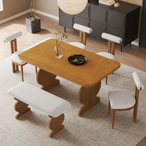 Mid-Century Modern 6-Piece <b>Dining</b> <b>Set</b> for 6 Padded Seats and Backrest <b>Table</b> and 4 Chairs with <b>Bench</b> - Product Image 1