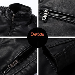 Blouson moto en cuir noir pour homme, col montant, fermeture éclair, coupe ajustée, couleur unie, manches classiques, idéal pour l'automne - Product Image 5