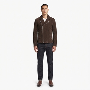 OEM Custom <b>Men's</b> Solid Espresso Goatskin <b>Suede</b> Breathable Sustainable Lined Moto Biker <b>Jacket</b> Asymmetric Zip Outerwear - Product Image 1