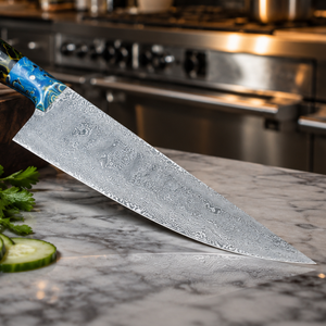 Couteau de cuisine personnalisable à lame droite en acier Damas avec manche en résine colorée, haute qualité, OEM, cadeau DIY pour les parents - Product Image 2
