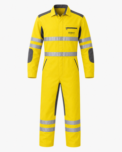 Fluorescent Yellow Charcoal Grey Reflective Industrial <b>Work</b> Coverall with Reinforced Elbows Chest Zip Pocket and Safety Tape - Product Image 1