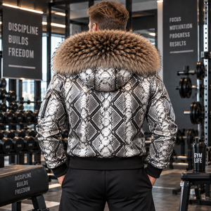 Men's Genuine Python Leather Bomber Jacket with <b>Fox</b> <b>Fur</b> Hood Luxury Motorcycle Biker <b>Coat</b> | Herren Lederjacke | Chaqueta Hombre - Product Image 2