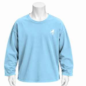 Camiseta de Manga Larga Oversize de Algodón Azul Cielo con Efecto Lavado Vintage, Hombros Caídos, Estilo Casual Urbano, Top Holgado - Product Image 1