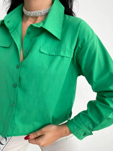 Women's Cropped Cotton Woven Breathable Simple Vintage Long Sleeve Button-Up Shirt Blouse Casual Summer Fashion Green - Product Image 2