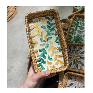Handmade <b>Bamboo</b> Rectangular Tray With Green Leaf Pattern Bohemian Style Table Decoration - Product Image 2