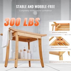 Sgabello da Doccia in Bambù Impermeabile 61 x 35 x 48 cm, Sedia da Bagno Spa con Capacità di Carico di 136 kg e Ripiano Portaoggetti, Maniglia Inclusa - Product Image 3