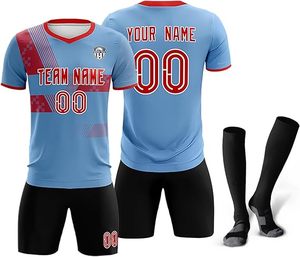 Custom Men's Soccer Jersey Kit <b>Light</b> Blue Red V-Neck Short Sleeve Moisture Wicking Polyester Uniform with Team <b>Name</b> and Number - Product Image 1
