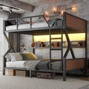 Queen Over Queen <b>Metal</b> <b>Bunk</b> <b>Bed</b> with Storage Shelves and Lights Space-Saving and Noise-Free Design Black Color - Product Image 1