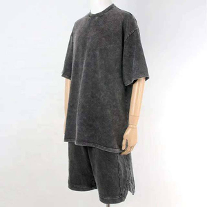 Ensemble deux pièces streetwear unisexe vintage d'été 100% coton respirant délavé à l'acide avec impression personnalisée style survêtement urbain - Product Image 1