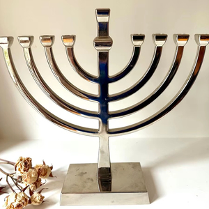 Modern <b>Silver</b> Symmetrical Metal Menorah Candle Holder Hanukkah Decorative Tabletop Elegant Home Display Stand - Product Image 1