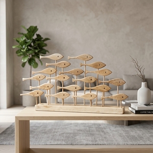 Fishtery Stand Handcrafted Wooden School of Fish Sculpture Rustic Coastal Tabletop Decorative Artwork Home Decor Display Accent - Product Image 3