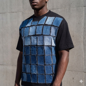 Custom Men Oversized Black T Shirt Denim Patchwork Detail Raw <b>Edge</b> Distressed <b>Square</b> Geometry Heavyweight Cotton Tee Streetwear - Product Image 6