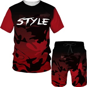 Conjunto de Camiseta de Manga Corta y Pantalones Cortos con Estampado de Camuflaje Rojo y Negro para Hombre, Cuello Redondo, Ropa Deportiva de Verano, Secado Rápido, Poliéster - Product Image 1