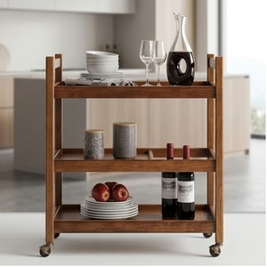Carrito de almacenamiento de madera de tres niveles con ruedas para organizar la vajilla de la sala de estar, diseño minimalista - Product Image 3