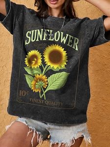 Camisetas Extra Grandes con Estampado Gráfico para Mujer – Camiseta Vintage de Manga Corta con Lavado Ácido y Estampado Floral, Camisa Holgada Informal de Verano - Product Image 4