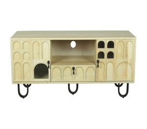 Solid Mango Wood Tv Cabinet Carved Media Console Storage <b>Unit</b> Two Door One Drawer <b>Shelf</b> Glass Panel Entertainment Furniture - Product Image 1