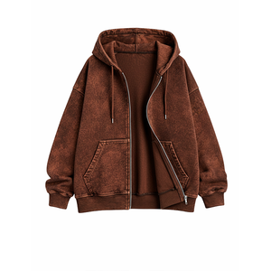 Nouveau design, coupe classique, sweat à capuche zippé épais 430g, 100% coton, marron délavé à l'acide, polaire, séchage rapide, anti-plis, unisexe, streetwear - Product Image 2