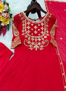 Traje Étnico para Mujer de Tres Piezas, con Bordado de Lentejuelas en Faux Georgette, Largo hasta el Suelo, Sin Arrugas, Elástico y Reversible, Ideal para Fiestas - Product Image 6