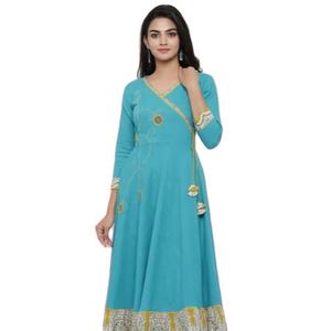 Womens Teal Cotton Blend Kalamkari Printed Kantha Work Flared Angrakha Style Anarkali Kurta With V Neck <b>Three</b> Fourth Sleeves - Product Image 1