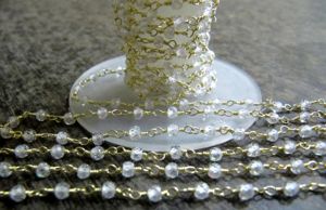 Handmade Rosary Chain with White Cubic Zircon Rondelle Faceted Beads 3-4mm Size Gemstone <b>Wire</b> Wrapped for Jewellery Making - Product Image 2