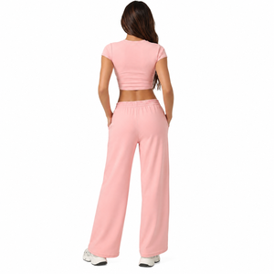 Pantalones Deportivos de Cintura Alta y Pierna Ancha para Mujer, Top Corto de Yoga de Manga Corta, Ropa Deportiva Sólida para Gimnasio con Cierre Elástico en la Cintura - Product Image 3
