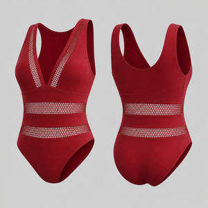 Custom Women One Piece Swimsuit Mesh Panel V Neck Monokini High Waist <b>Tummy</b> <b>Control</b> Swimwear Breathable Quick Dry Beachwear - Product Image 1