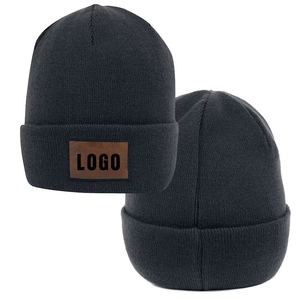 Unisex Solid Color Beanie <b>Hat</b> with Leather Logo Patch 100% Acrylic Winter <b>Warm</b> Casual Wear for Adults - Product Image 1