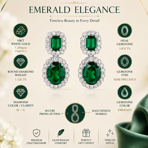 10K White Gold Emerald Cluster Drop <b>Earrings</b> | Oval Green Gemstone & Diamond Halo Jewelry | Elegant Women's <b>Fine</b> Jewelry Gift - Product Image 5