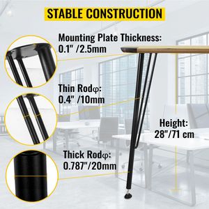 Paquete de 4 patas de escritorio de hierro duraderas de 28 pulgadas con 3 varillas y patas de goma - Negras para mesas DIY y soportes de banco - Product Image 3