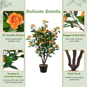 Albero di Camelia Artificiale Realistico da 40 Pollici con 37 Fiori Gialli, Foglie Verdi Dense, Pianta Decorativa da Esterno Illuminata in Vaso con Supporto - Product Image 6