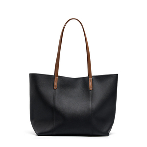 Bolso Tote de Cuero Genuino Negro con Asas Marrones, Estilo Minimalista de Parte Superior Abierta para Uso Diario - Product Image 1