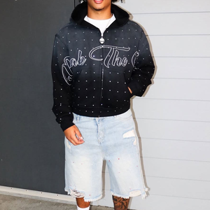 Sudadera con Capucha Personalizada con Estampado de Serigrafía, Diseño Desgastado con Pedrería, Lavado Ácido, Estilo Vintage, Sudadera Corta para Hombre - Product Image 3