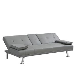 Divano Letto con Due Braccioli, Struttura in Legno, Gambe in Acciaio Inox, Futon in PVC Grigio, Arredamento Elegante per la Casa - Product Image 4