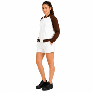Women's Two Piece Shorts <b>Set</b> White Brown Raglan Sleeve Bomber Jacket Casual Winter Knitted Cotton High Street Reversible O-Neck - Product Image 5