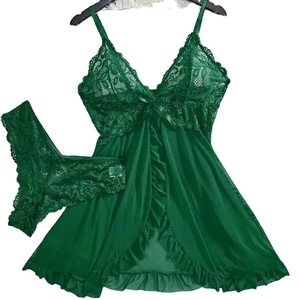 Conjunto de 2 Piezas de Camisón de Encaje para Mujer, Ropa de Casa Exquisita, Pijama Nocturno Verde Nuevo, Camisón Transparente con Abertura, Conjunto de Sujetador con Cuello en V y Bragas - Product Image 1