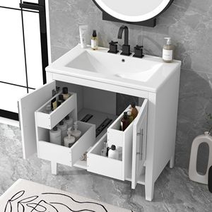 Mobile Bagno Multifunzionale Bianco da 30 Pollici con Lavabo, Struttura Solida in MDF, Ante e Cassetti - Product Image 2