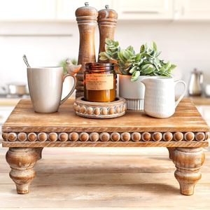 ome Goods Decorative Wood Risers for Decor | Tiered Tray Stand | Farmhouse Beaded Riser Stand for Decor | Wooden Pedestal Stand - Product Image 1