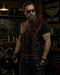 Men's Classic Black Leather Biker Vest Orange Diamond <b>Quilted</b> Winter Motorcycle Gilet Sleeveless Jacket Zipper Closure - Product Image 1