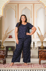 Pijama de Rayón Azul con Estampado de Lunares, Manga Corta, Cuello Redondo, Talla Grande, Ropa de Dormir Informal para Mujer, Venta al Por Mayor - Product Image 2