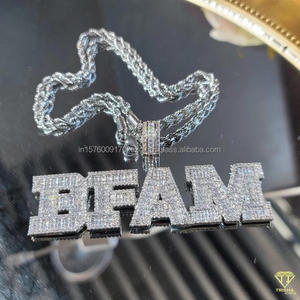 Collier pendentif Hip Hop Lab Grown Diamond  "BFAM" plaqué or blanc avec chaîne en corde, bijoux pour homme - Product Image 3