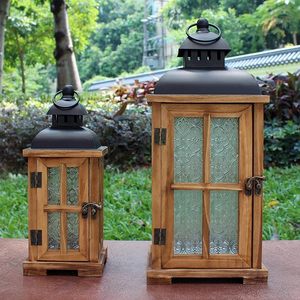 Rustic Wooden Outdoor <b>Lantern</b> <b>Set</b> Decorative Candle Holder with Embossed Glass and Metal Top Farmhouse Garden <b>Lantern</b> - Product Image 3