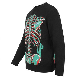 Pull tricoté noir pour homme OEM 2026 avec motif jacquard squelette blanc et cactus vert, logo frontal, pull d'hiver à manches régulières - Product Image 3