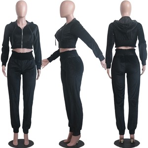 Women Black Velvet Tracksuit Set Hooded <b>Zipper</b> Crop <b>Top</b> Jogger Pants Full Sleeve Casual Autumn Wear Solid Color Breathable - Product Image 1